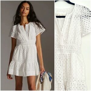 ANTHROPOLOGIE The Somerset White Mini Dress: Eyelet Edition Pockets XSP PETITE